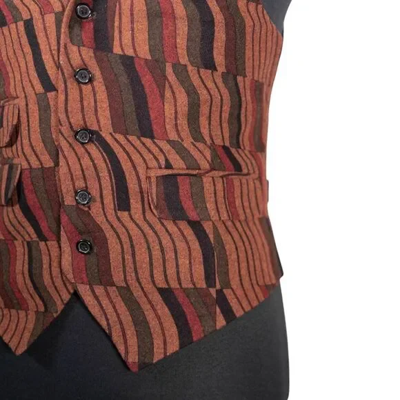 Mens 40R Wool Vest Brown Red Green Abstract Waistcoat Formal Wedding Groom Party